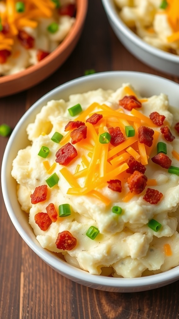 Creamy loaded mashed potatoes topped with cheese, bacon, and green onions in a bowl on a wooden table.